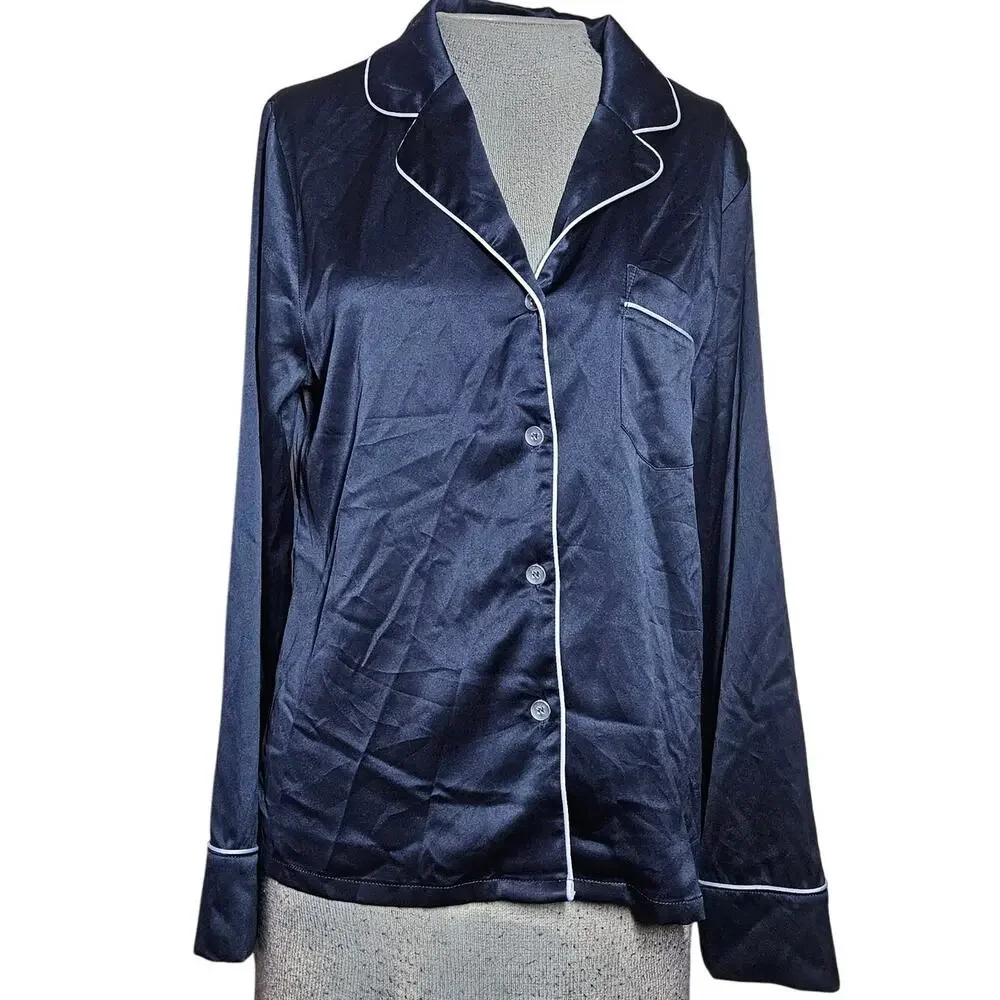 Black Satin Button Down Lounge Top Size XS